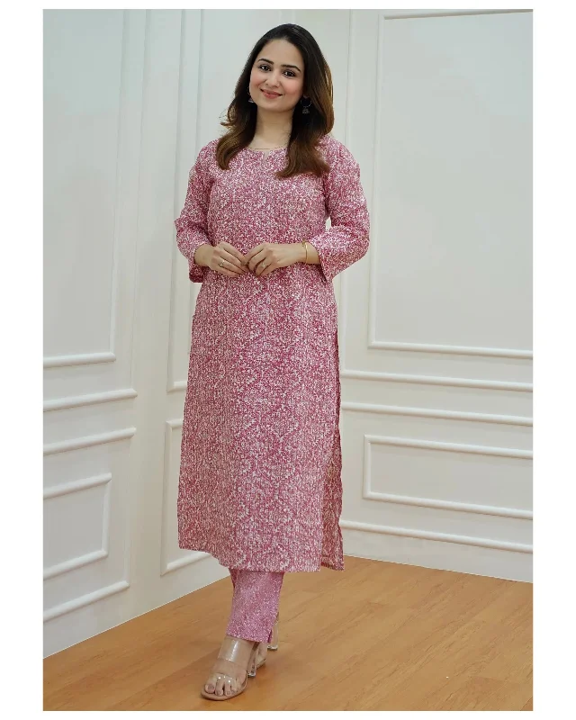 NOZ2TOZ Women Pink Printed Viscose Rayon Kurta And Pant Set Stylish Slim Trousers
