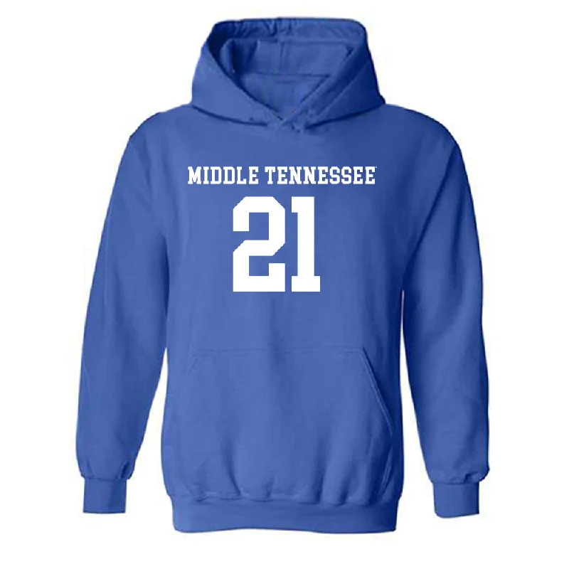 MTSU - NCAA Women's Soccer : Delaney Thomas - Royal Replica Shersey Hooded Sweatshirt Hoodie with Turtle Neck Cozy Winter MTSU - NCAA Women's Soccer : Delaney Thomas - Royal Replica Shersey Hooded Sweatshirt Hoodie with Turtle Neck Cozy Winter