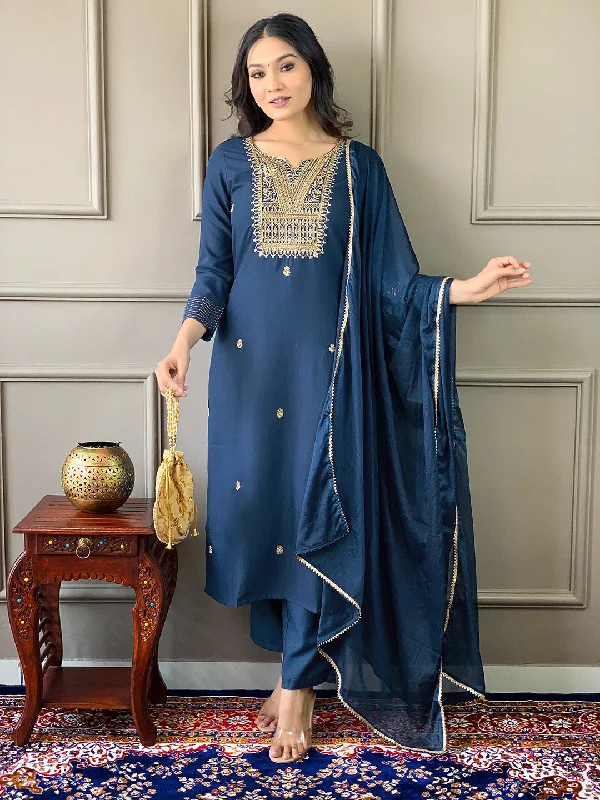 NOZ2TOZ Women Party Wear Embroidery Worked Kurta With Pant And Dupatta Set - Blue Elegant Silk Pants NOZ2TOZ Women Party Wear Embroidery Worked Kurta With Pant And Dupatta Set - Blue Elegant Silk Pants