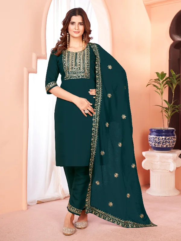 NOZ2TOZ Women Party Wear Embroidery Worked Kurta With Pant And Dupatta Set - Green Relaxed Casual Leggings NOZ2TOZ Women Party Wear Embroidery Worked Kurta With Pant And Dupatta Set - Green Relaxed Casual Leggings