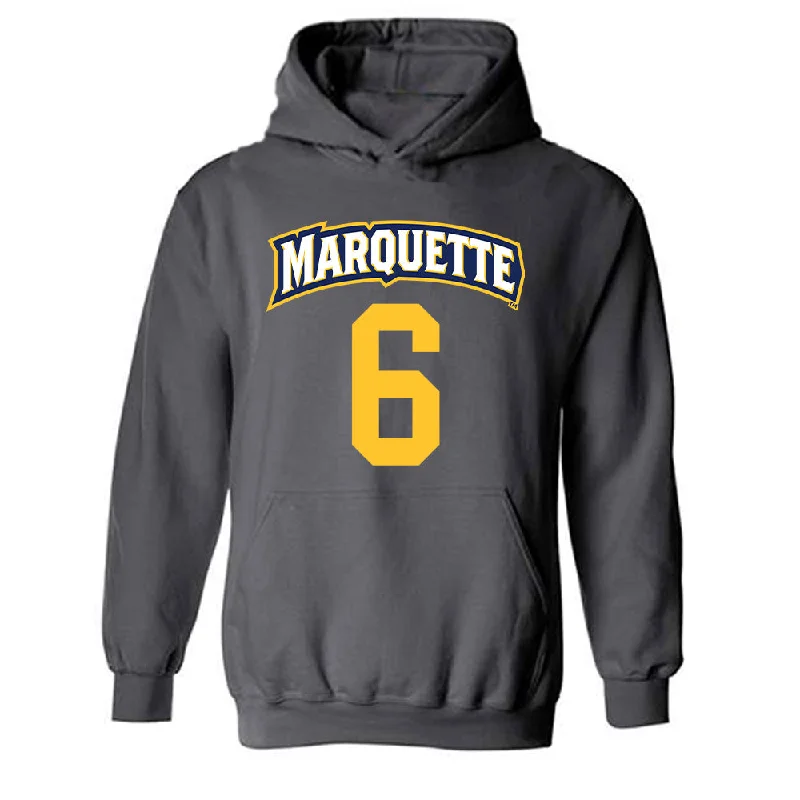 Marquette - NCAA Women's Soccer : Mia Haertle - Charcoal Replica Shersey Hooded Sweatshirt Hoodie with Snap Buttons Easy Quick Marquette - NCAA Women's Soccer : Mia Haertle - Charcoal Replica Shersey Hooded Sweatshirt Hoodie with Snap Buttons Easy Quick