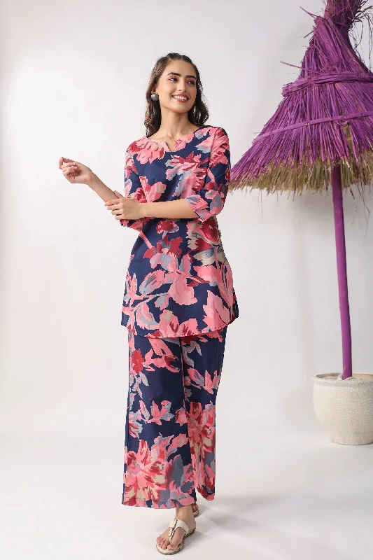 NOZ2TOZ Women Pink Printed Pure Cotton Kurta And Pant Set Trendy Velvet Pants