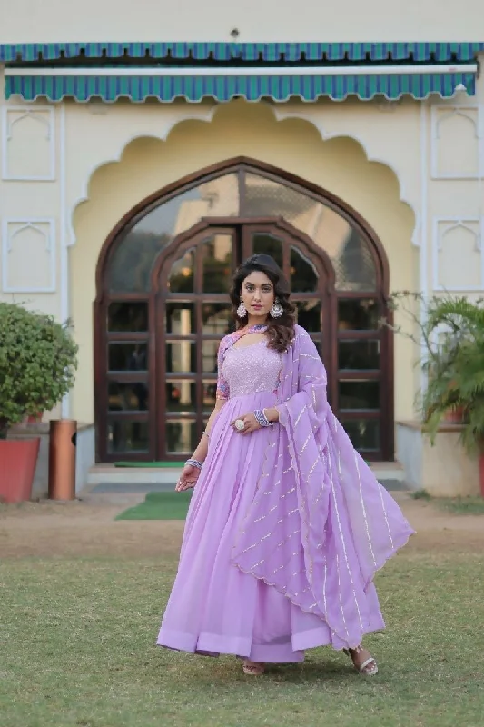 Aastha Fashion Lavender Faux Georgette Printed Gown With Pant Classic Bootcut Trousers