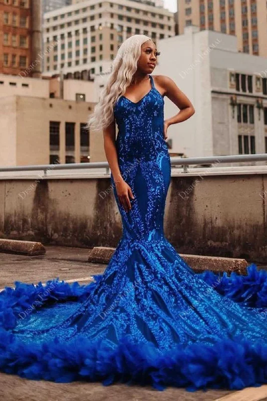 Royal Blue Unique Sequin Feathered Trumpet Handmade Prom Dress Tunics Winter warm