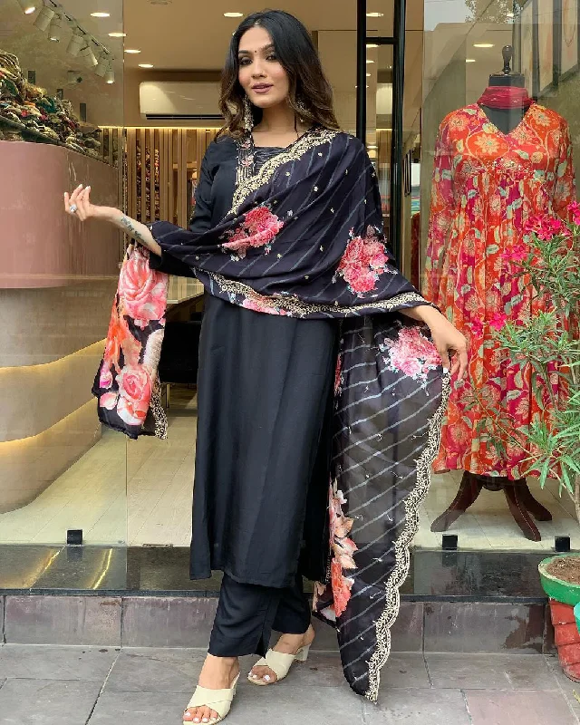 NOZ2TOZ Women Party Wear Embroidery Worked Kurta With Pant And Dupatta Set - Black Relaxed Linen Pants NOZ2TOZ Women Party Wear Embroidery Worked Kurta With Pant And Dupatta Set - Black Relaxed Linen Pants