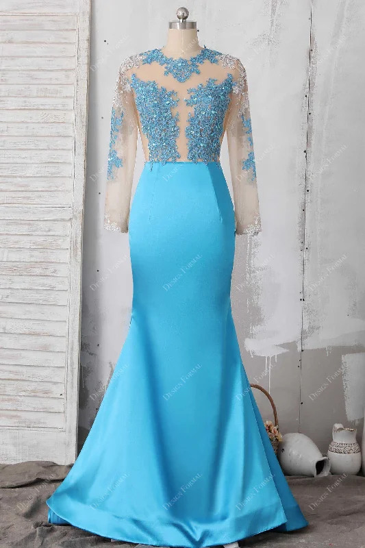 Pool Blue Satin Beaded Lace Sexy Plunging Open Back Mermaid Prom Dress Tunics Silk luxurious Pool Blue Satin Beaded Lace Sexy Plunging Open Back Mermaid Prom Dress Tunics Silk luxurious