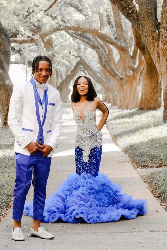 Crystals Illusion Royal Blue Ruffled Handmade Prom Dress Tunics Hiking breathable