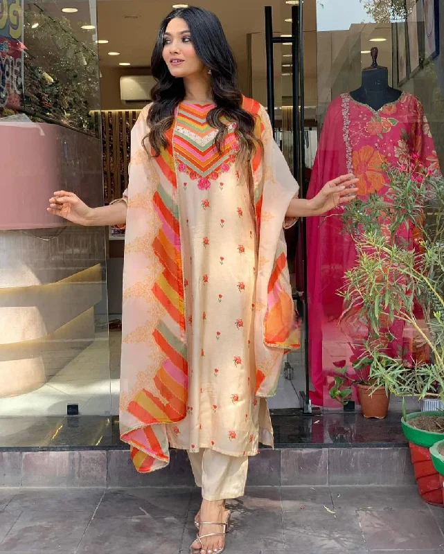 NOZ2TOZ Women Party Wear Embroidery Worked Kurta With Pant And Dupatta Set - Cream Chic Checkered Pants NOZ2TOZ Women Party Wear Embroidery Worked Kurta With Pant And Dupatta Set - Cream Chic Checkered Pants