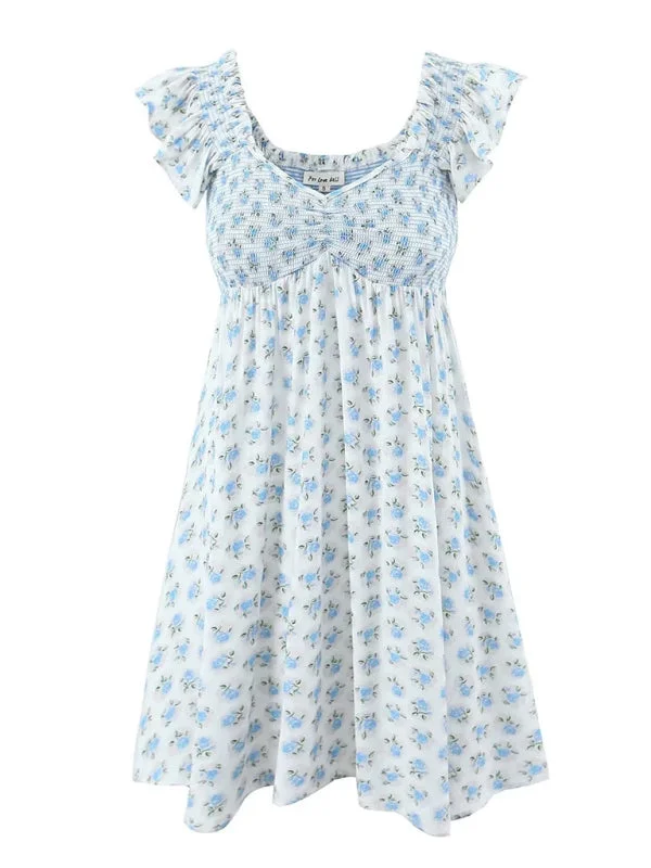 Blue Zone Planet | style flying sleeve elastic pleated V-neck blue floral dress Tunics Yoga stretchy Blue Zone Planet | style flying sleeve elastic pleated V-neck blue floral dress Tunics Yoga stretchy