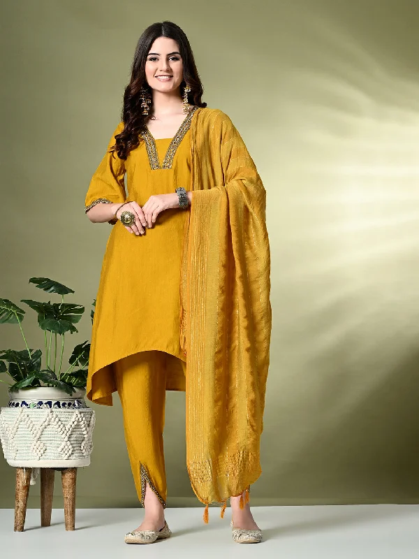 Myshka Women's Solid V-Neck Bell Sleeves Kurta & Dhoti Pants With Dupatta Sets in Mustard Color Relaxed Casual Leggings Myshka Women's Solid V-Neck Bell Sleeves Kurta & Dhoti Pants With Dupatta Sets in Mustard Color Relaxed Casual Leggings