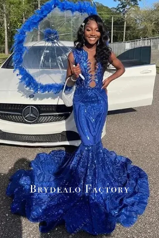Sparkly Royal Blue Sleeveless Unique Mermaid Long Train Prom Dress Tunics Trousers formal Sparkly Royal Blue Sleeveless Unique Mermaid Long Train Prom Dress Tunics Trousers formal