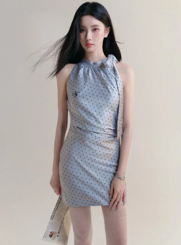 Elegant Polka Dot Halter Neck Mini Dress in Light Blue Cozy T-Shirt Mini Dress