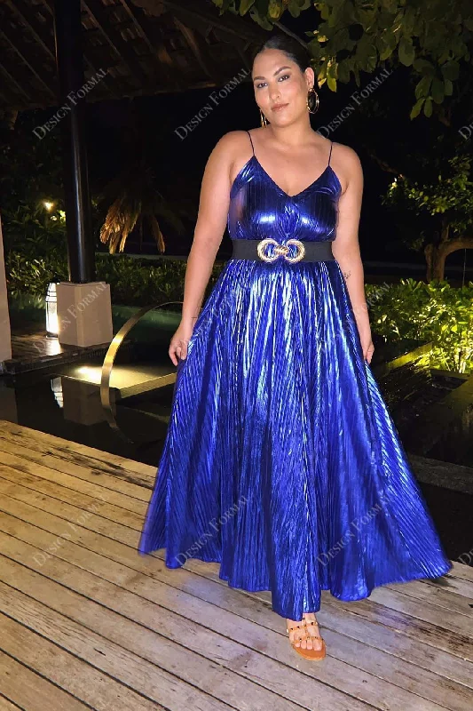 Royal Blue Pleated Metal V-neck Ankle Length Designer Prom Dress Tunics Timeless classic