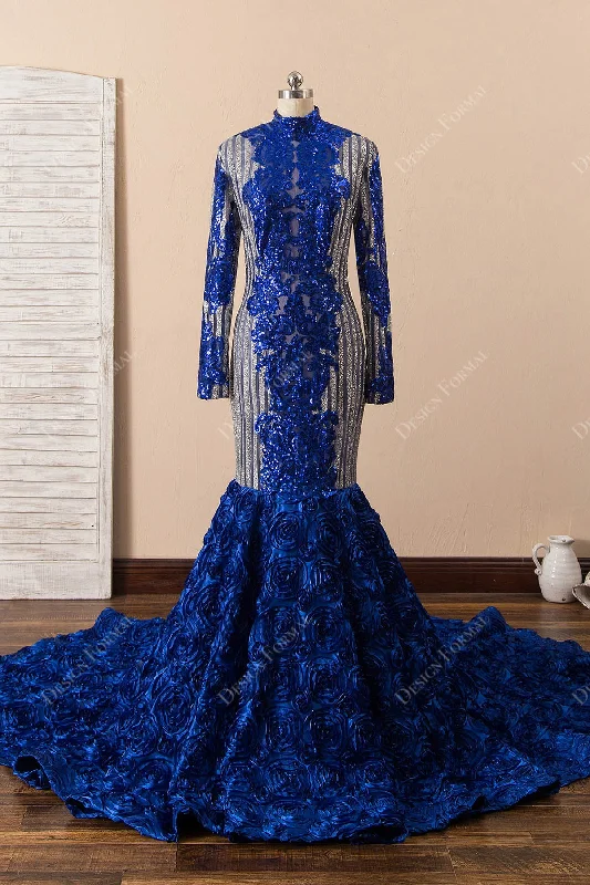 Two-tone Sequin Long Sleeve 3D Rosettes Mermaid Prom Dress Halter Neckline Beach