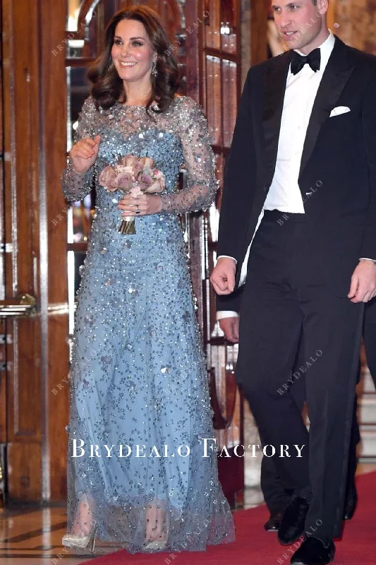 Kate Middleton Sparkly Blue Celebrity Dress Royal Variety Show 2017 Tunics Luxurious high-end