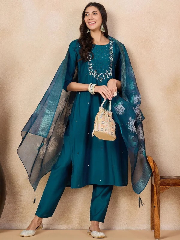NOZ2TOZ Women Party Wear Embroidery Worked Kurta With Pant And Dupatta Set - Petrol Comfortable Jogging Pants NOZ2TOZ Women Party Wear Embroidery Worked Kurta With Pant And Dupatta Set - Petrol Comfortable Jogging Pants