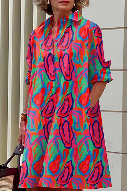 Casual Print Buckle Turndown Collar Dresses Tunics Handmade artisanal
