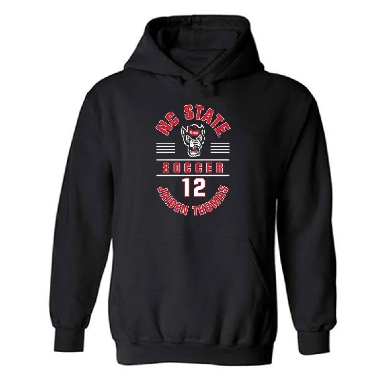 NC State - NCAA Women's Soccer : Jaiden Thomas - Black Classic Fashion Shersey Hooded Sweatshirt Hoodie with Hem Embroidery Detailed Premium NC State - NCAA Women's Soccer : Jaiden Thomas - Black Classic Fashion Shersey Hooded Sweatshirt Hoodie with Hem Embroidery Detailed Premium