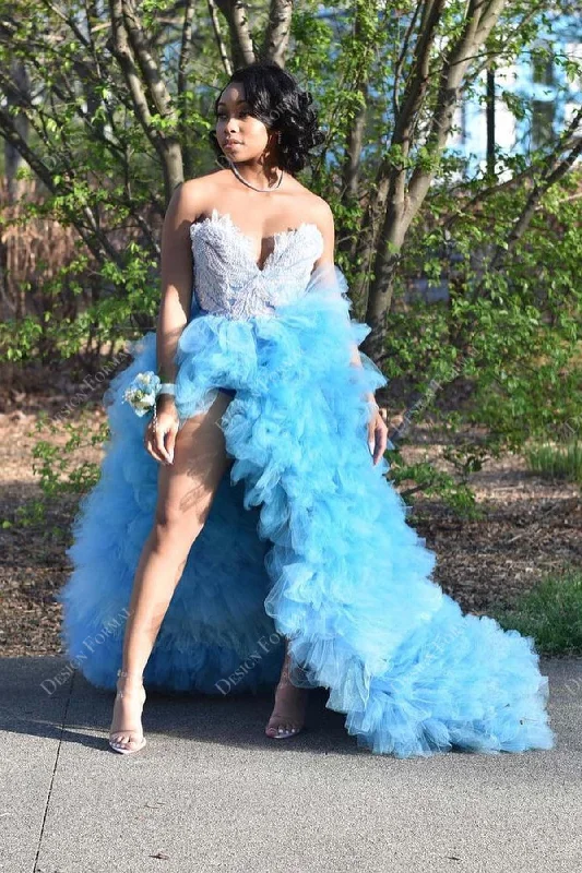 Sky Blue Ruffled Tulle Grey Beaded Strapless Crafted Prom Dress Tunics Leisure comfortable