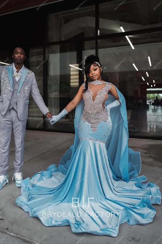 Rhinestone Sky Blue Velvet Long Train Mermaid Prom Dress with Cape Tunics Favorite customer Rhinestone Sky Blue Velvet Long Train Mermaid Prom Dress with Cape Tunics Favorite customer