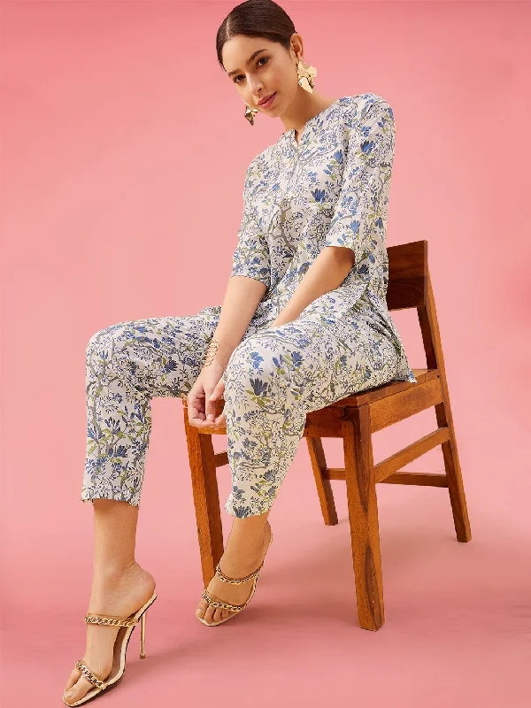 NOZ2TOZ Women Party Wear Flower Printed Co-Ord Set With Pant - White Formal Linen Trousers NOZ2TOZ Women Party Wear Flower Printed Co-Ord Set With Pant - White Formal Linen Trousers