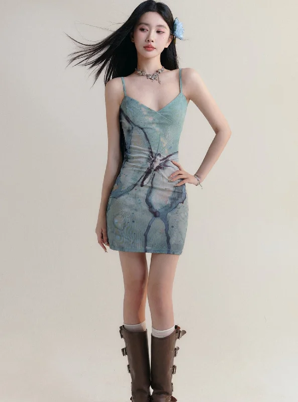 Marble Print Spaghetti Strap Mini Dress Fashionable Mini Dress with Frills