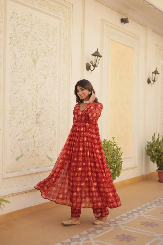 Aastha Fashion Red Faux Georgette Printed Gown With Pant Chic Faux Leather Pants