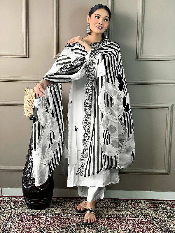 NOZ2TOZ Women Party Wear Embroidery Worked Kurta With Pant And Dupatta Set - White Fashionable Sporty Pants NOZ2TOZ Women Party Wear Embroidery Worked Kurta With Pant And Dupatta Set - White Fashionable Sporty Pants