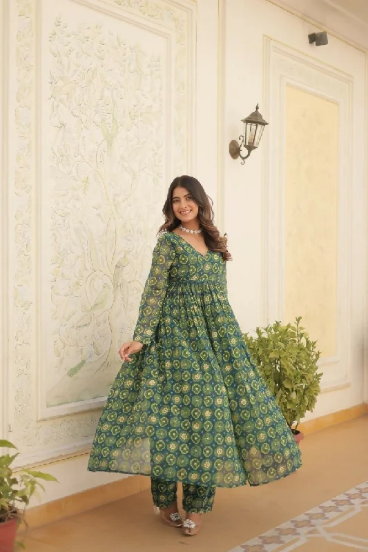 Aastha Fashion Green Faux Georgette Printed Gown With Pant Soft Sweatpants Style