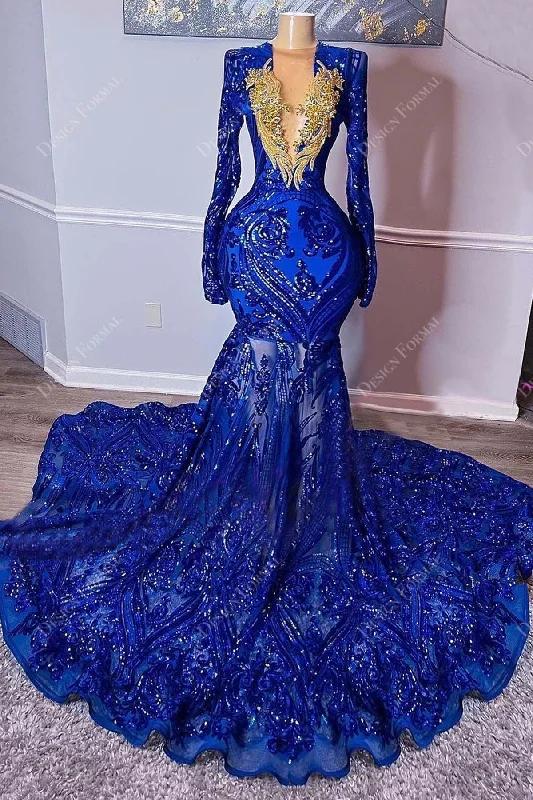 Gold Beaded Applique Royal Blue Sequin Mermaid Tailor Made Prom Dress Tunics Luxurious premium Gold Beaded Applique Royal Blue Sequin Mermaid Tailor Made Prom Dress Tunics Luxurious premium