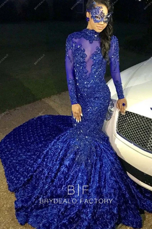 Sparkly Royal Blue Sequins 3D Roses Mermaid Prom Dress Tunics Review highly