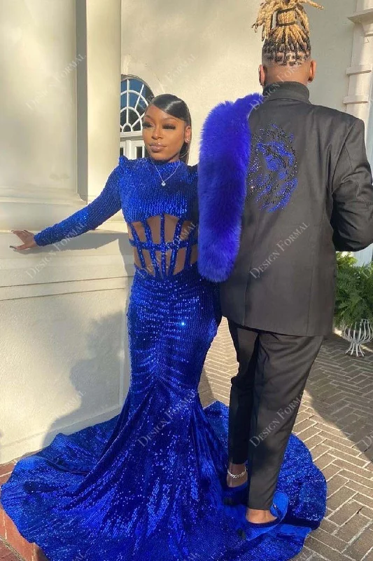 Royal Blue Sequin Illusion Mermaid Tailor Made Prom Dress Tunics Trendy modern