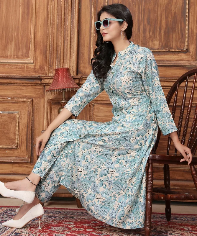 NOZ2TOZ Women Party Wear Flower Printed Co-Ord Set With Pant - Sky Blue Fashionable Work Pants NOZ2TOZ Women Party Wear Flower Printed Co-Ord Set With Pant - Sky Blue Fashionable Work Pants