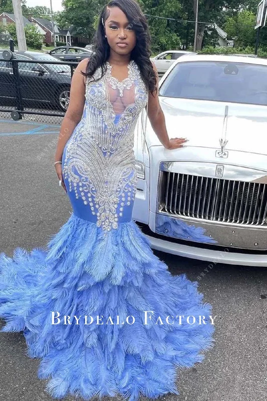 Blue Big Ostrich Feather Trumpet Rhinestone Sleeveless Prom Dress Halter Neckline Beach