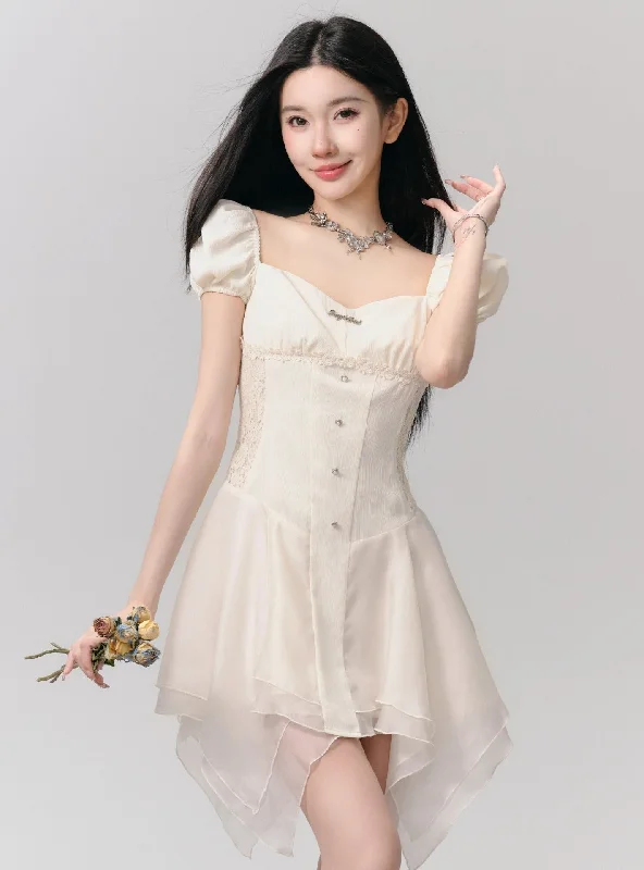 Romantic White Puff Sleeve Mini Dress - Corset-Style Bodice with Handkerchief Hem Comfortable Bodycon Mini Dress