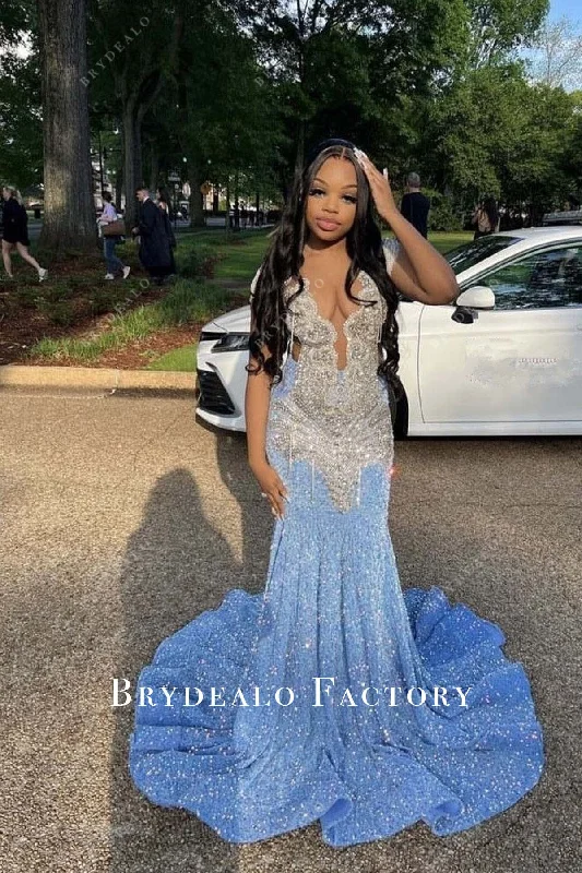 Sleeveless Blue Horsehair Chapel Train Rhinestone Prom Dress Bodycon Club Sequined