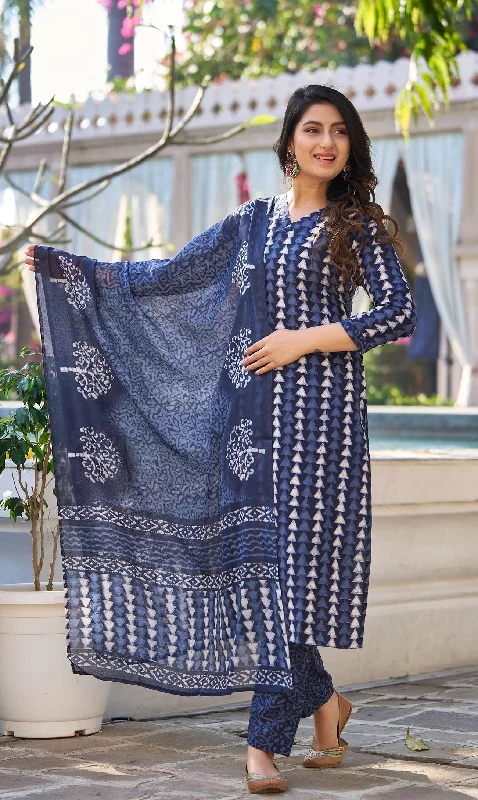 NOZ2TOZ Women Blue Printed Pure Cotton Kurta, Pant And Dupatta Set Elegant Palazzo Trousers