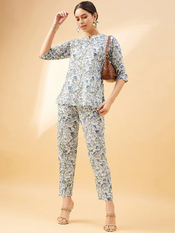 NOZ2TOZ Women Party Wear Flower Printed Co-Ord Set With Pant - White Soft Wool Pants NOZ2TOZ Women Party Wear Flower Printed Co-Ord Set With Pant - White Soft Wool Pants