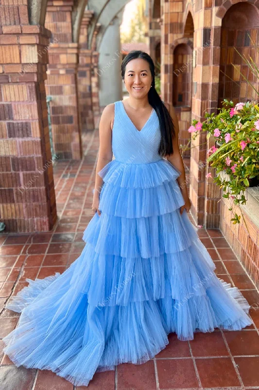 Sky Blue Ruched Tulle Princess Tiered Lily Formal Dress in Deafjourney Tunics Designer luxury Sky Blue Ruched Tulle Princess Tiered Lily Formal Dress in Deafjourney Tunics Designer luxury