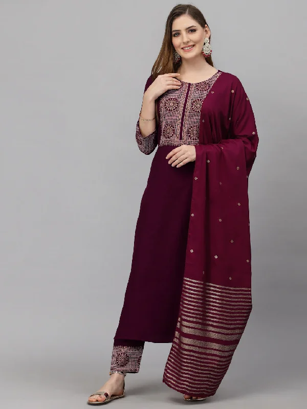 NOZ2TOZ Women Purple Printed Cotton Blend Kurta And Pant Set Relaxed High-Waist Trousers NOZ2TOZ Women Purple Printed Cotton Blend Kurta And Pant Set Relaxed High-Waist Trousers