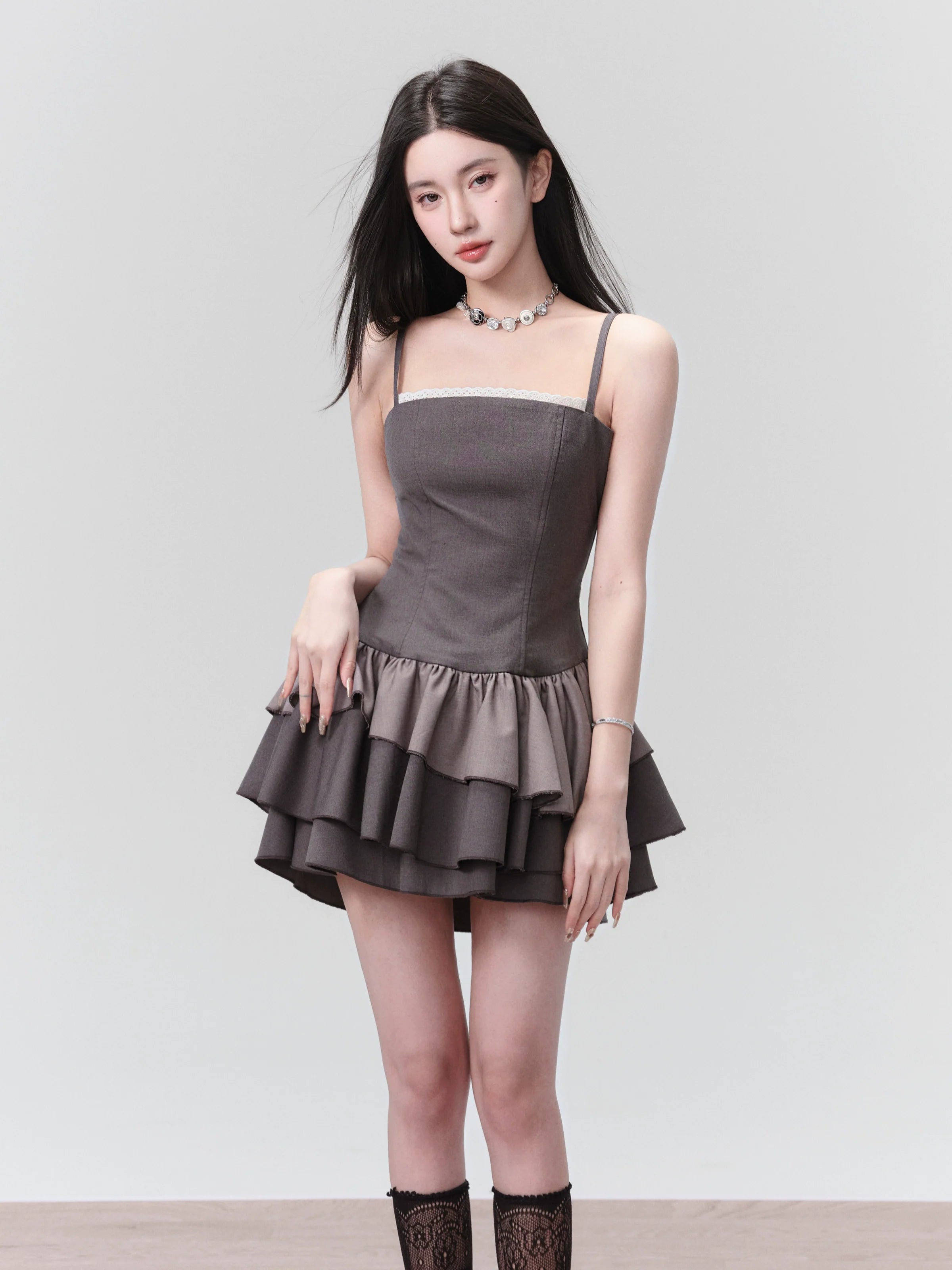 Charcoal Chic: Strapless Ruffle-Tier Mini Dress Classic Casual Mini Dress