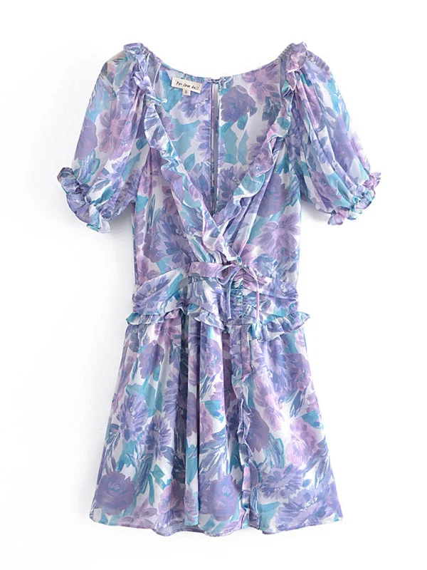 Blue Zone Planet | Anna's Floral Print Puff Sleeve High Waist Side Cut Dress Tunics Running lightweight Blue Zone Planet | Anna's Floral Print Puff Sleeve High Waist Side Cut Dress Tunics Running lightweight