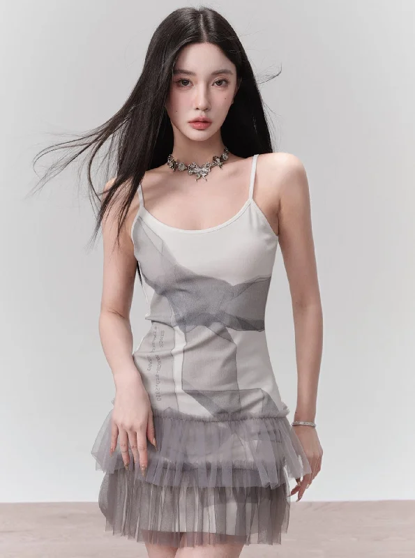 Ethereal Mist Layered Tulle Mini Dress - Ombre Gray Trendy Wraparound Mini Dress