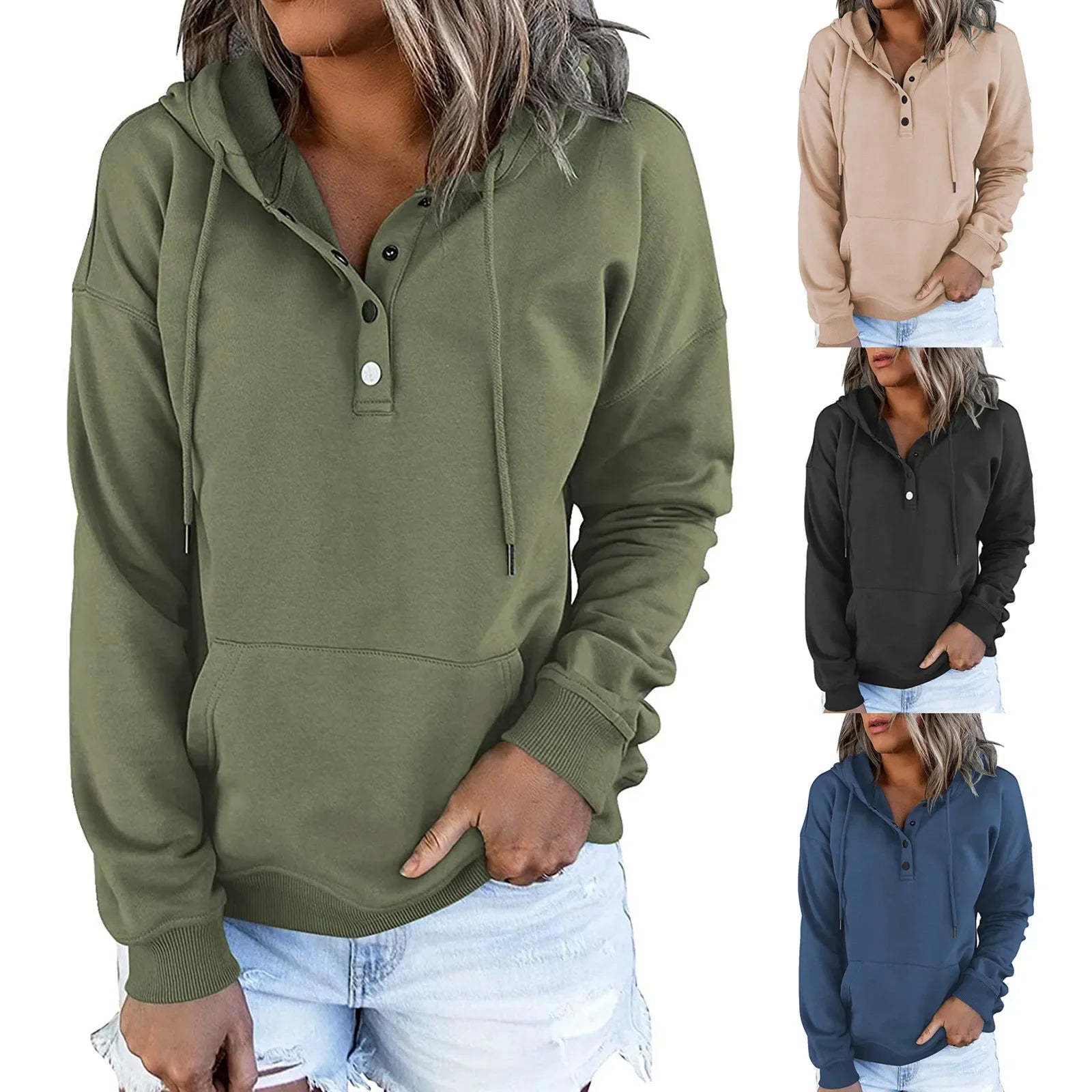 2023 Fashion Trend Long Sleeve Loose Casual V-collar Button Hooded Drawstring Pocket Hoodie Hoodie with Ribbed Neckline Snug Warm