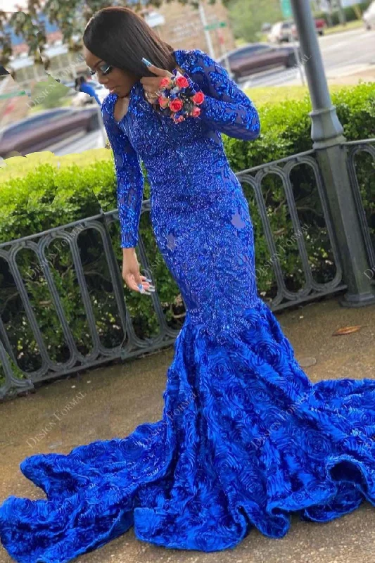 Royal Blue Sequin Long Sleeves 3D Roses Made to Measure Prom Dress Tunics Occasion special Royal Blue Sequin Long Sleeves 3D Roses Made to Measure Prom Dress Tunics Occasion special