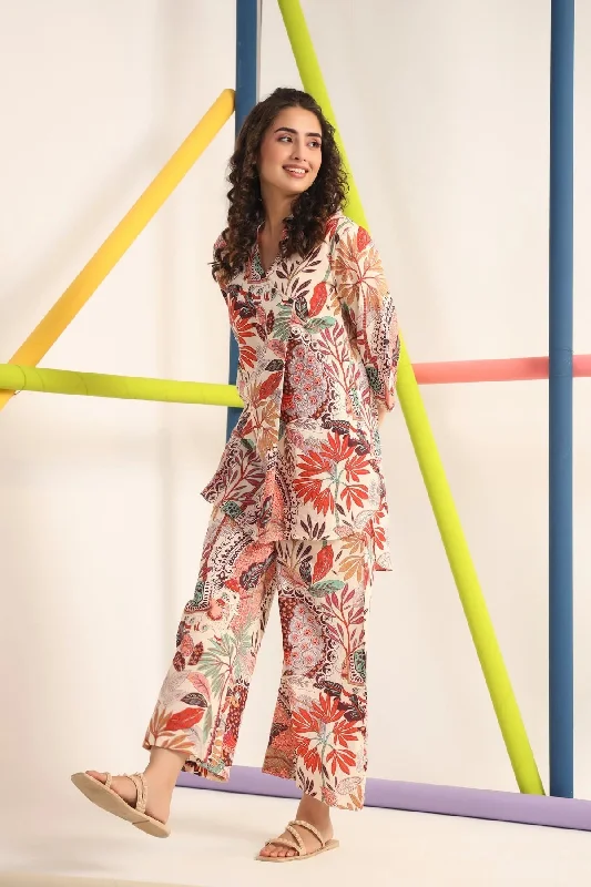 NOZ2TOZ Women Pink Printed Viscose Rayon Kurta And Pant Set Warm Wool Trousers
