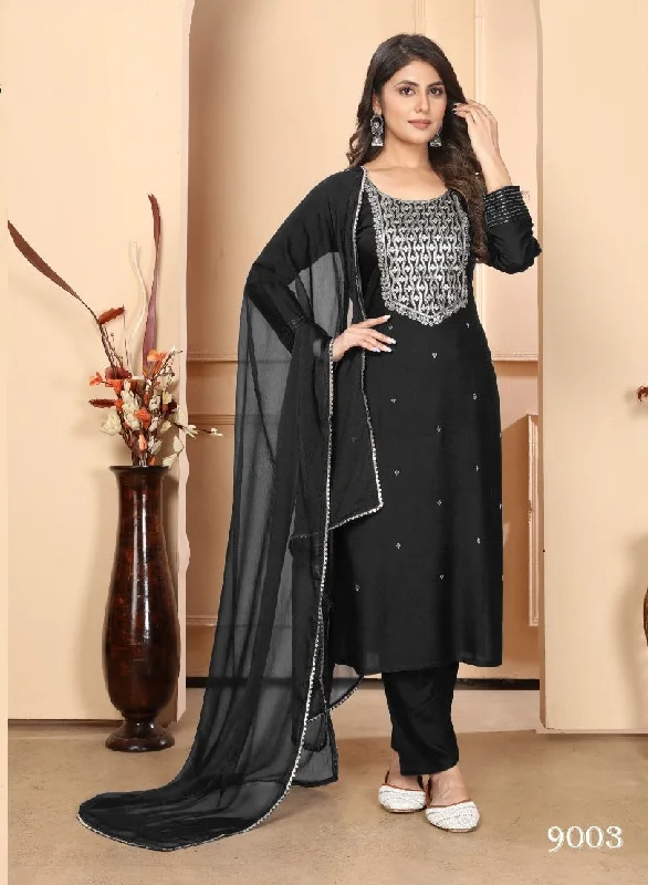 NOZ2TOZ Women Party Wear Embroidery Worked Kurta With Pant And Dupatta Set - Black Trendy Velvet Pants NOZ2TOZ Women Party Wear Embroidery Worked Kurta With Pant And Dupatta Set - Black Trendy Velvet Pants