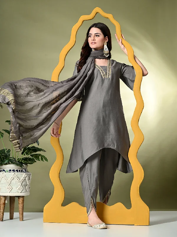 Myshka Women's Solid V-Neck Bell Sleeves Kurta & Dhoti Pants With Dupatta Sets in Grey Color Trendy Work Pants Myshka Women's Solid V-Neck Bell Sleeves Kurta & Dhoti Pants With Dupatta Sets in Grey Color Trendy Work Pants
