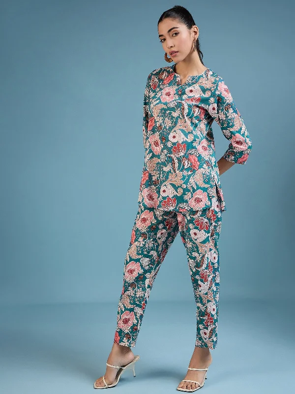 NOZ2TOZ Women Party Wear Flower Printed Co-Ord Set With Pant - Teal Blue Classic Straight-Leg Pants NOZ2TOZ Women Party Wear Flower Printed Co-Ord Set With Pant - Teal Blue Classic Straight-Leg Pants