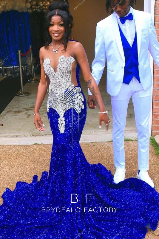 Royal Blue Sequins Mermaid Luxury Rhinestones Formal Dress Tunics Timeless classic